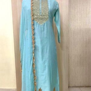 Pure art silk long straight sleeve with hand work on the suit